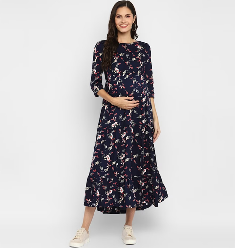 Women Navy Blue Floral Maternity A-Line Maxi Dress